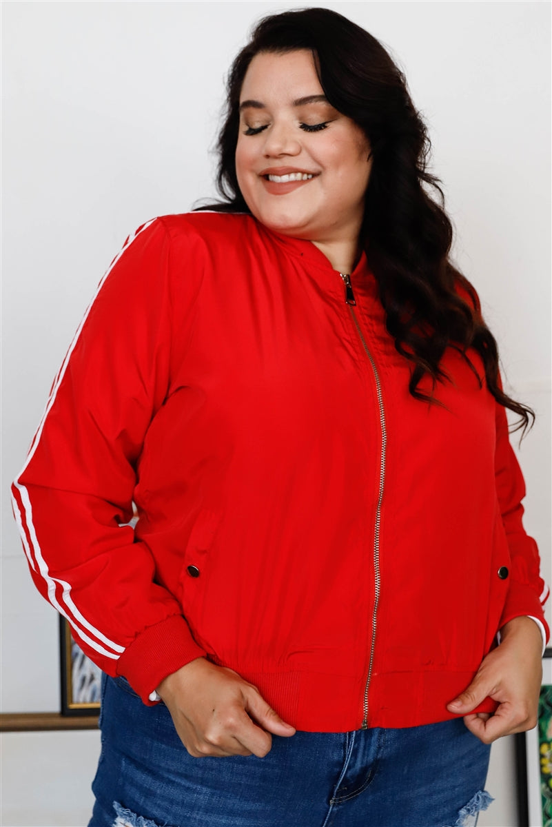 Plus Size Red & White Retro Le Mans Stripe Trim Sporty Windbreaker Bomber Jacket