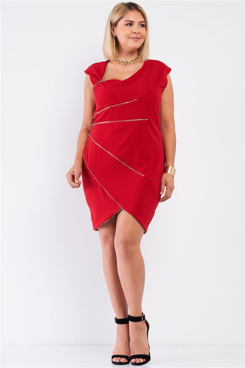 Plus Red Asymmetrical Neck Cross Zipper Front Detail Mini Dress