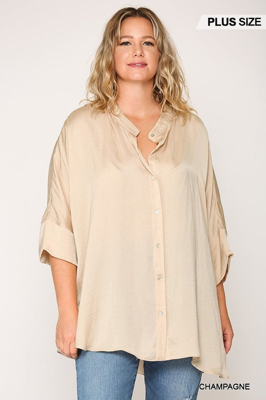 Washed Satin Button Down Loose Fit Top With Hi-lo Hem