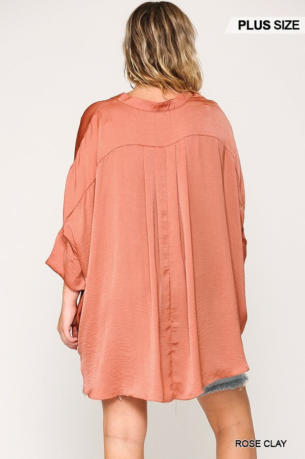 Washed Satin Button Down Loose Fit Top With Hi-lo Hem