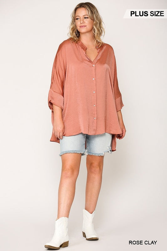 Washed Satin Button Down Loose Fit Top With Hi-lo Hem