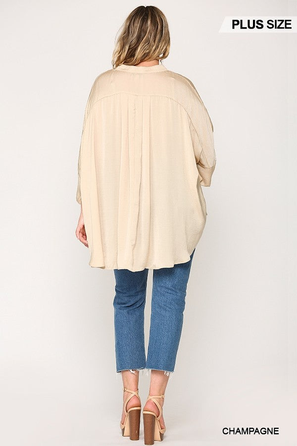 Washed Satin Button Down Loose Fit Top With Hi-lo Hem