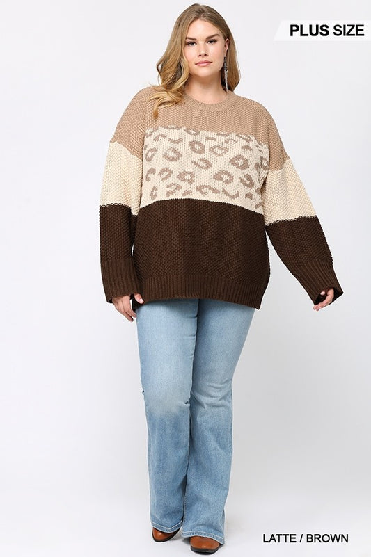 Color Block And Leopard Pattern Mixed Pullover Sweater