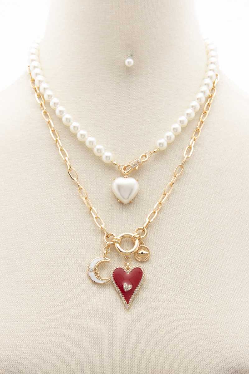 Heart Moon Charm Pearl Layered Necklace