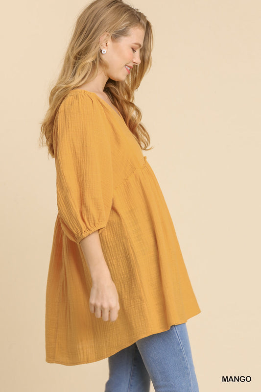 Gauze Slub V-neck Frayed Edge Detail Tunic Dress