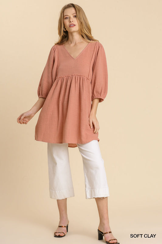 Gauze Slub V-neck Frayed Edge Detail Tunic Dress