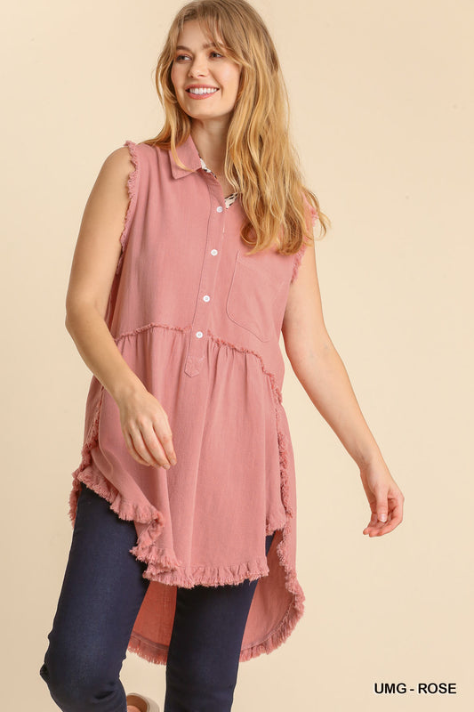 Linen Blend Sleeveless Button Front Tunic With Frayed Round Hems