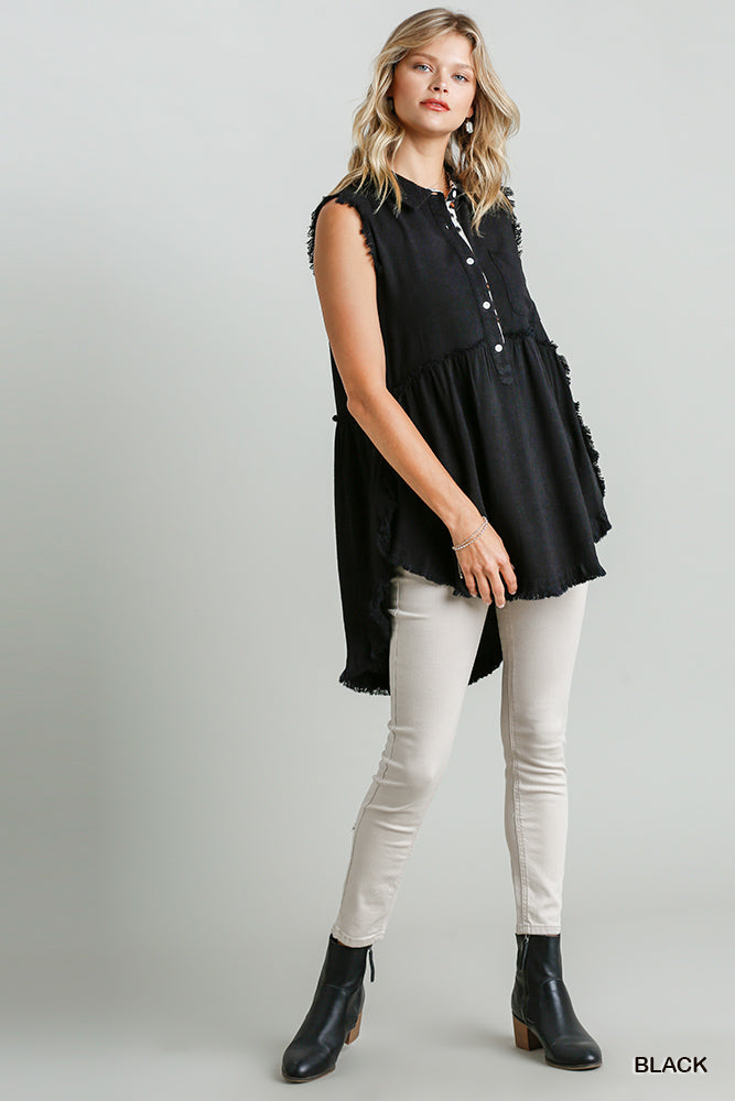 Linen Blend Sleeveless Button Front Tunic With Frayed Round Hems