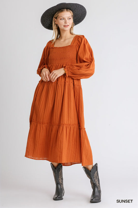 Ruffle Cuffed Long Sleeve Square Neckline Smocked Peasant Midi Dress