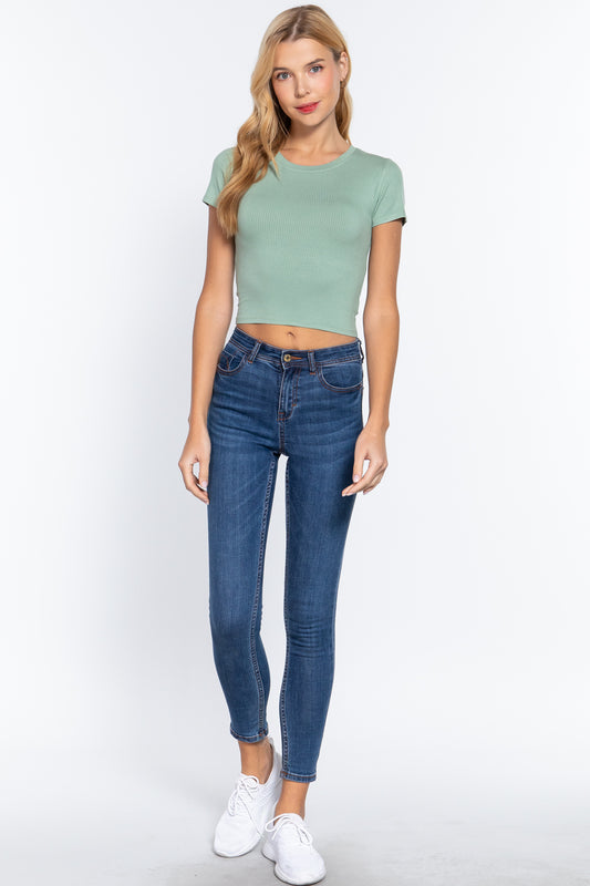 Short Slv Crew Neck Rib Crop Top