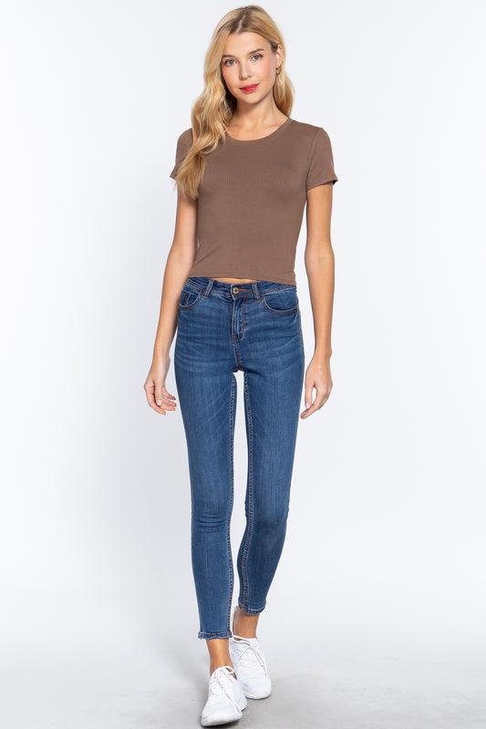 Short Slv Crew Neck Rib Crop Top