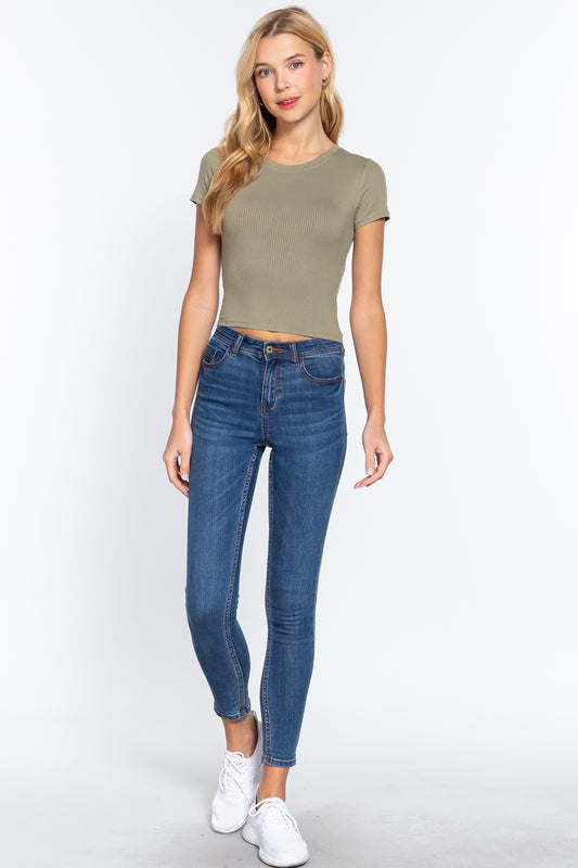 Short Slv Crew Neck Rib Crop Top