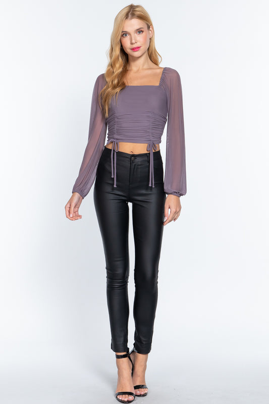 Long Slv Ruched Mesh Knit Top