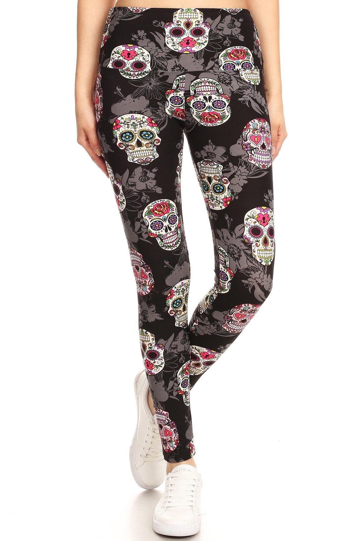 5-inch Long Yoga Style Banded Lined Skull Printed Knit Legging With High Waist