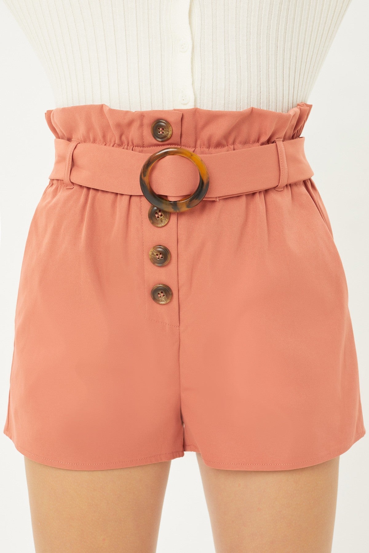 Ring Belt Buckle Shorts With Button Up Fly Closure