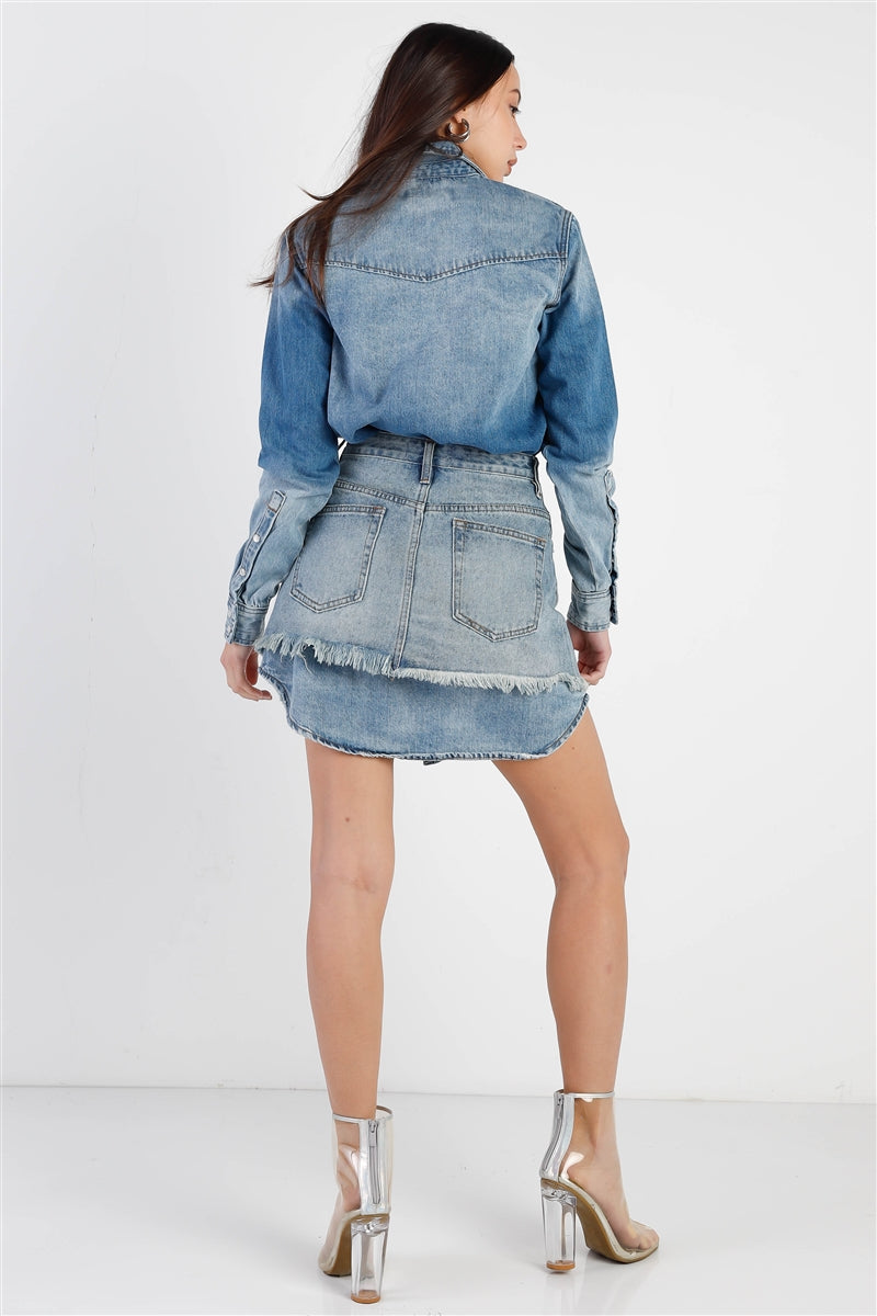 Light Denim Cotton Button Up Long Shirt & Mini Skirt Set