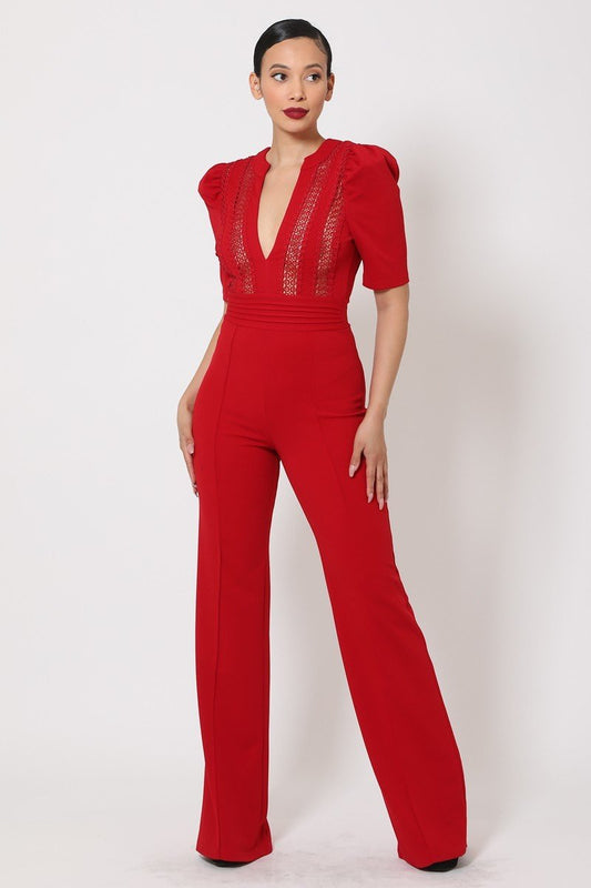 Deep V-neck Crochet Bodice Jumpsuit