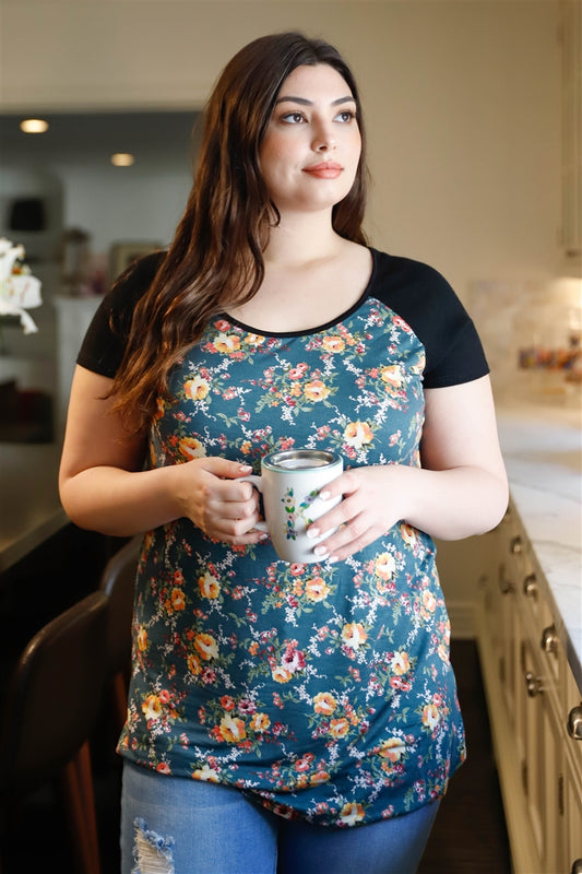 Plus Floral Print & Ribbed Black Colorblock Top