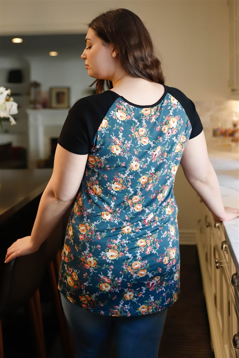 Plus Floral Print & Ribbed Black Colorblock Top