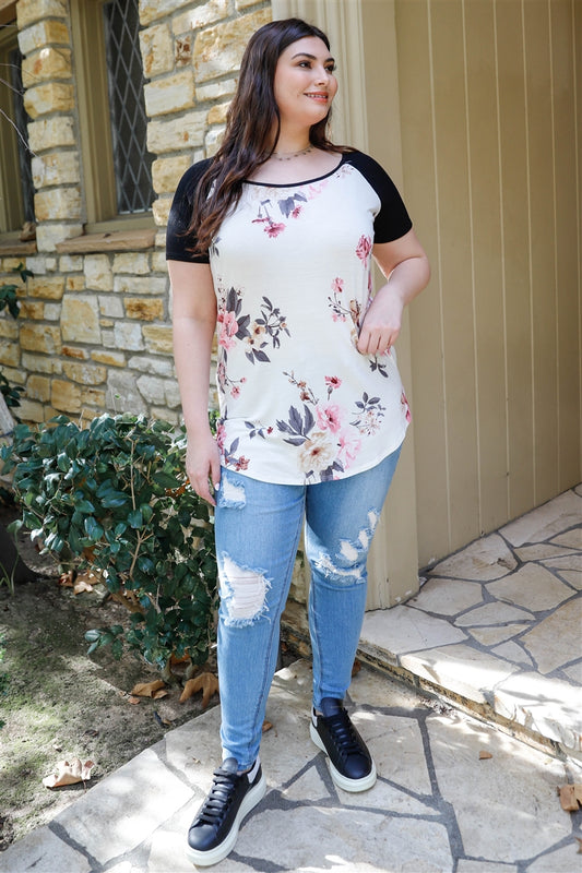 Plus Floral Print & Ribbed Black Colorblock Top