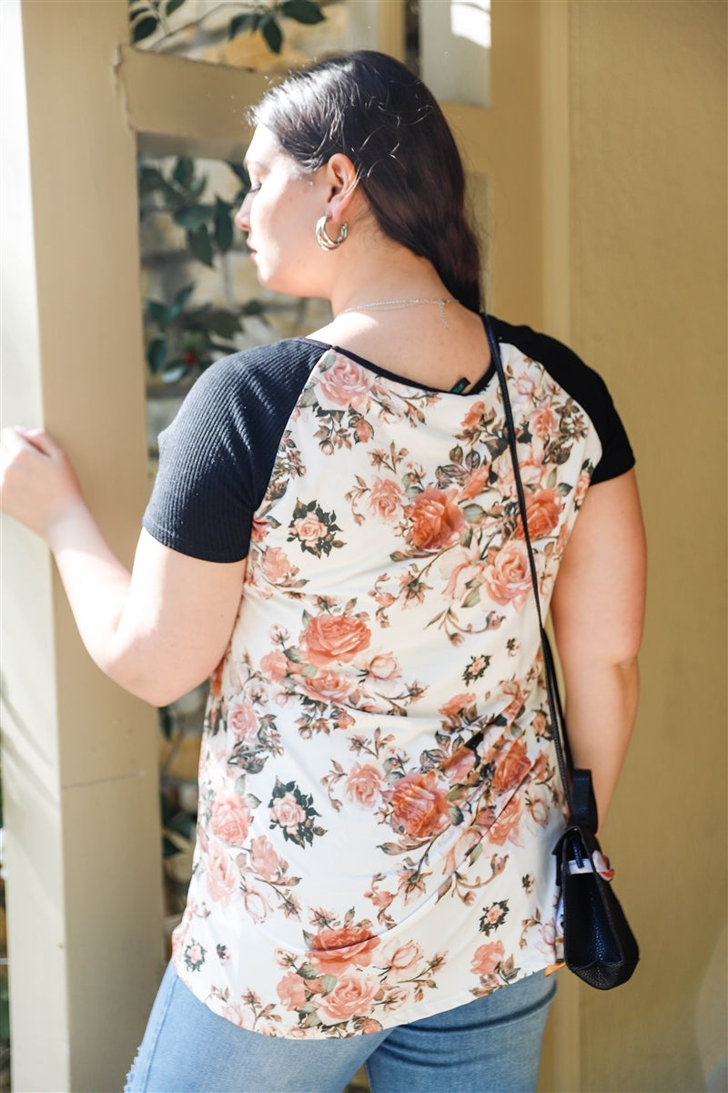 Plus Floral Print & Ribbed Black Colorblock Top