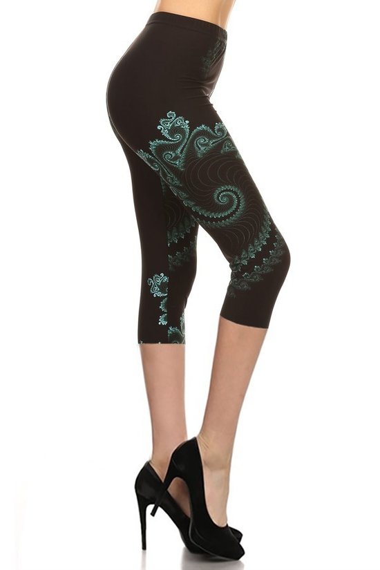 Multi-color Print, Cropped Capri Leggings In A Fitted Style With A Banded High Waist.