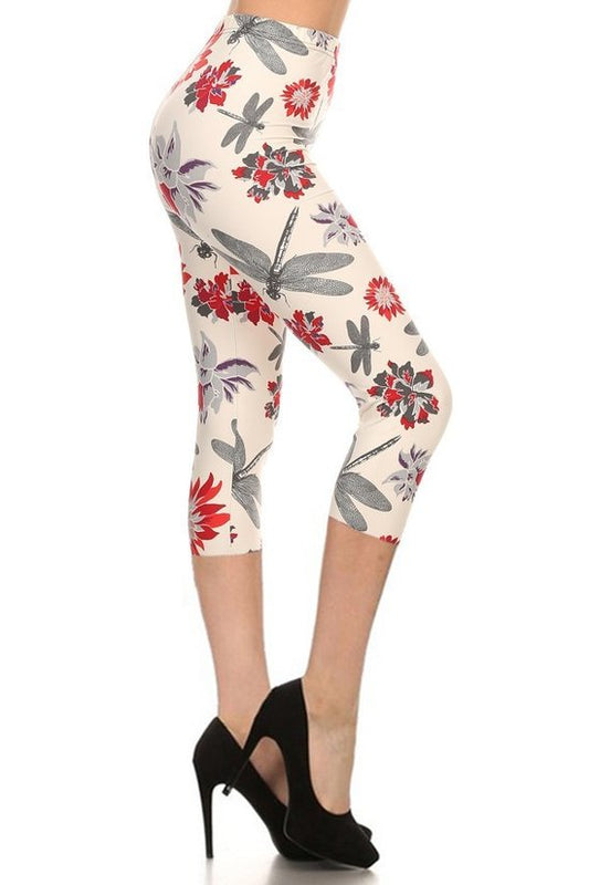 Multi-color Print, Cropped Capri Leggings In A Fitted Style With A Banded High Waist