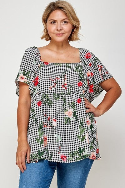 Plus Size Floral Check Printed Rayon Challis Square Neck Fashion Top