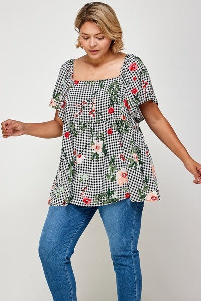 Plus Size Floral Check Printed Rayon Challis Square Neck Fashion Top