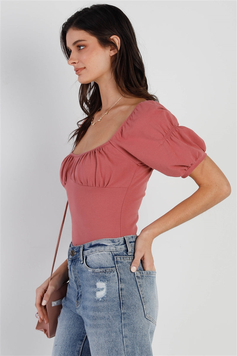 Rose Cotton Ruched Detail Short Sleeve Bustier Bodysuit