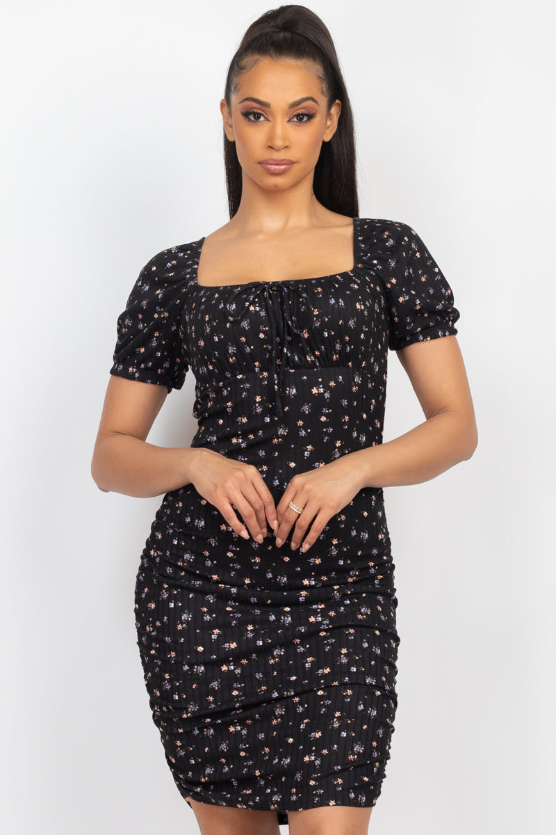 Side Shirring Ditsy Floral Dress