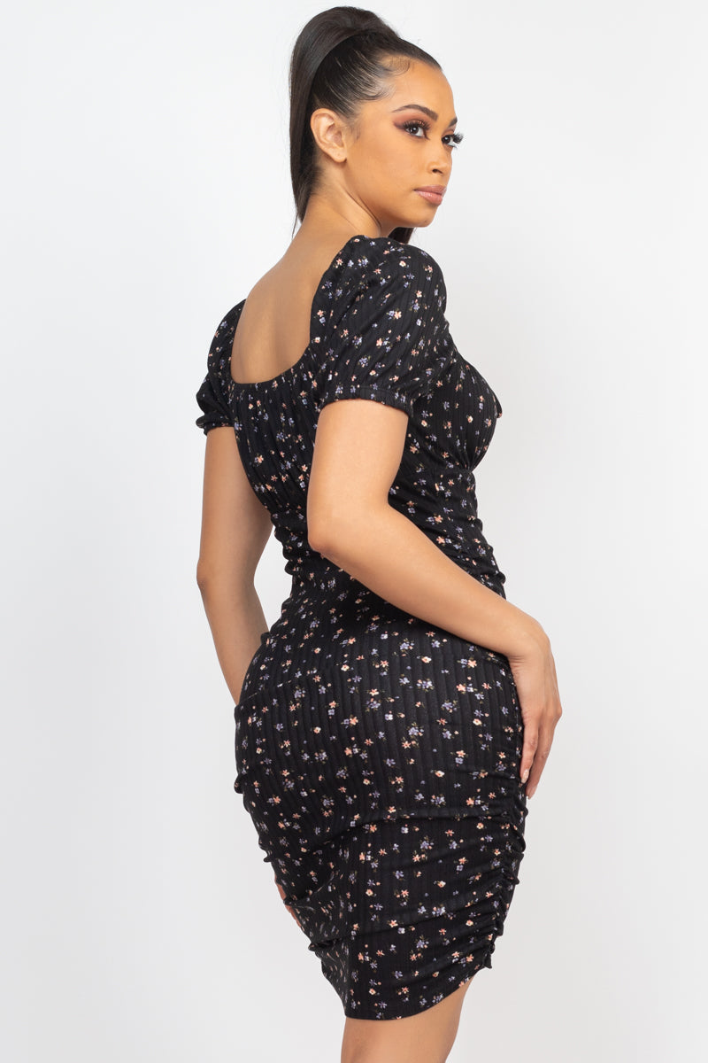 Side Shirring Ditsy Floral Dress