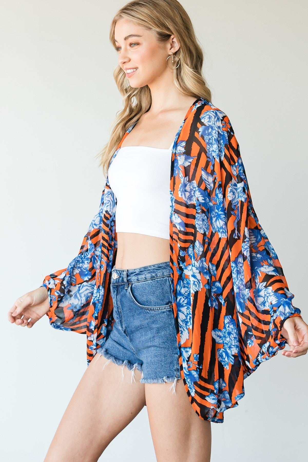 Stripes And Floral Print Lightweight Kimono