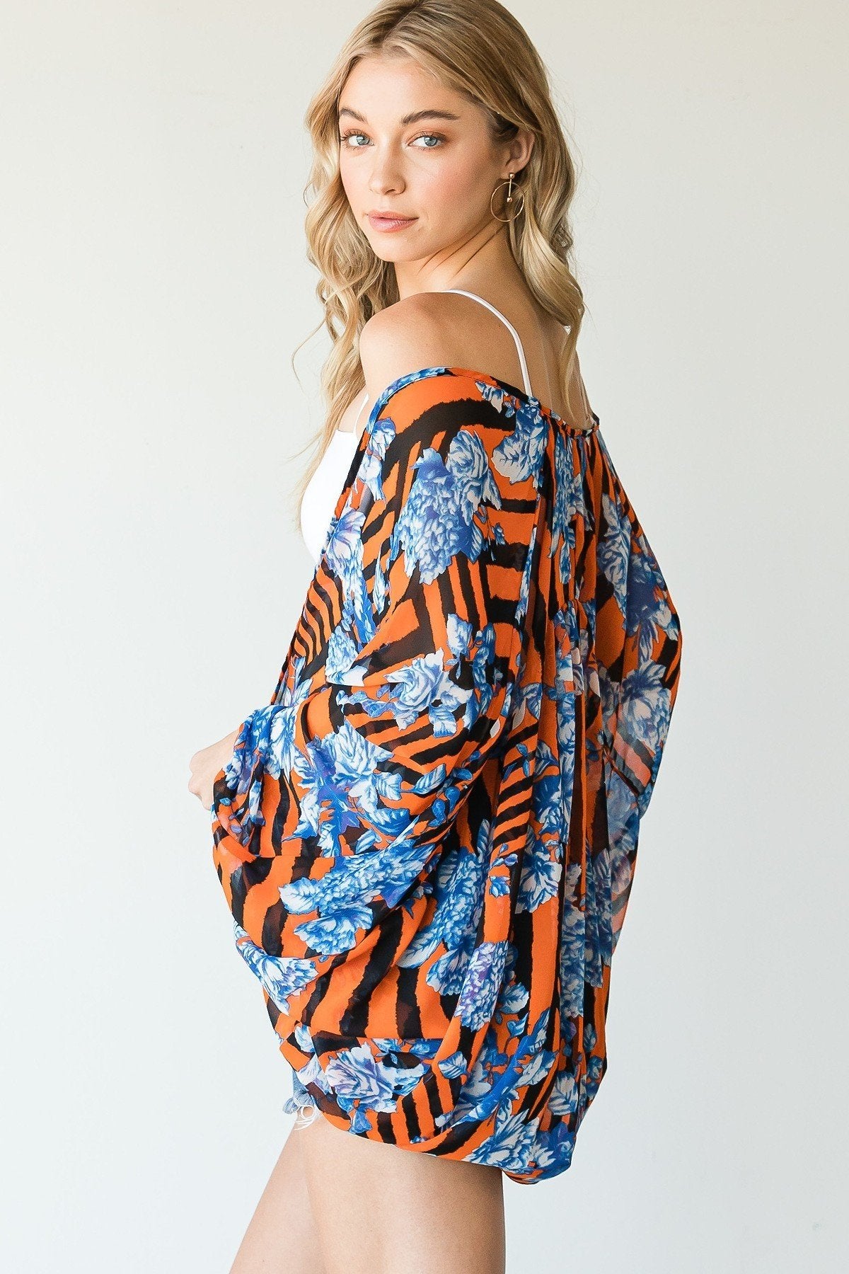 Stripes And Floral Print Lightweight Kimono