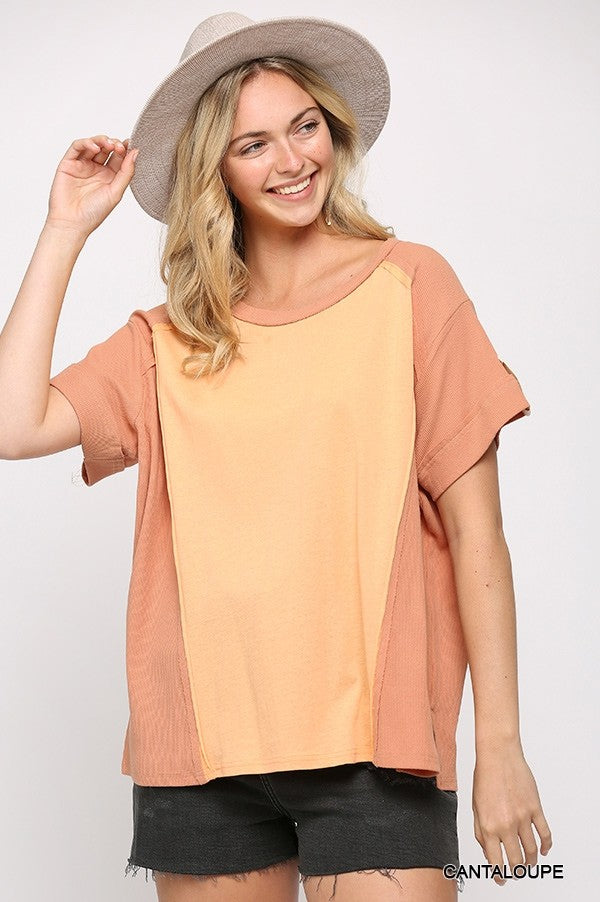 Ribbed And Solid Mixed Raw Edge Top