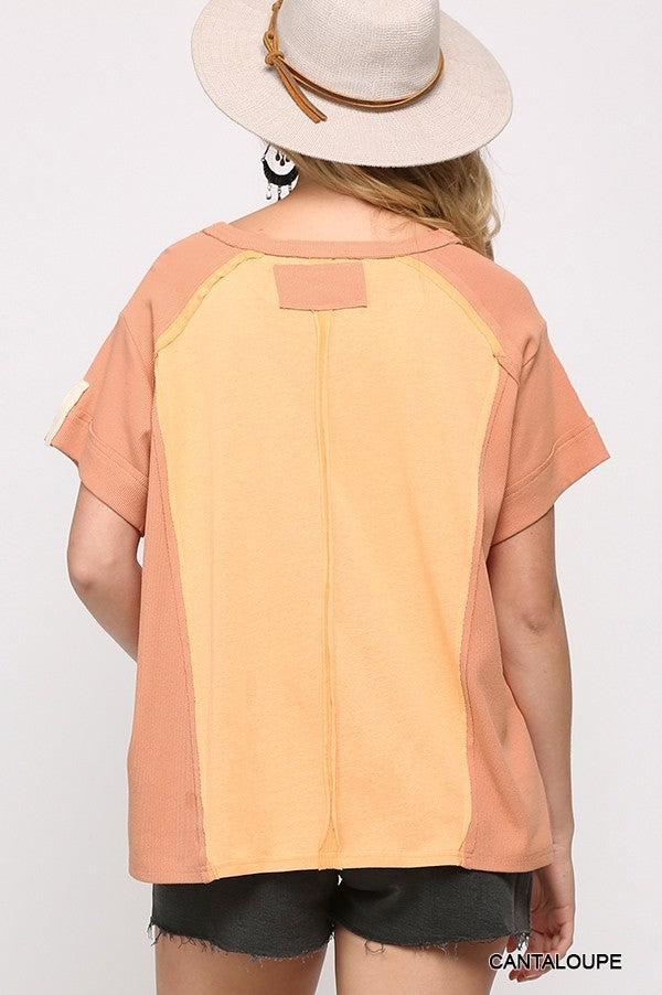 Ribbed And Solid Mixed Raw Edge Top