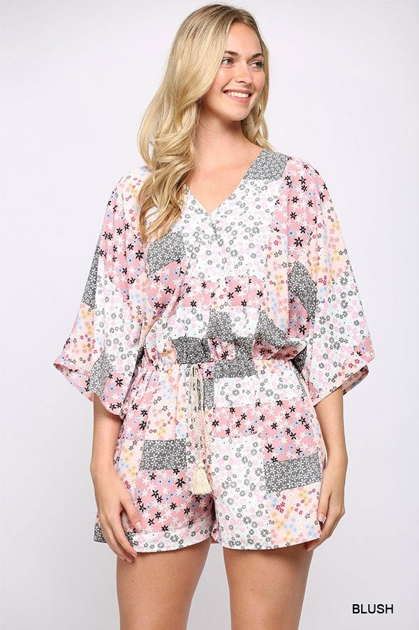 Patchwork Printed Surplice Romper With Waist Tassel Tie And Bottom Lining