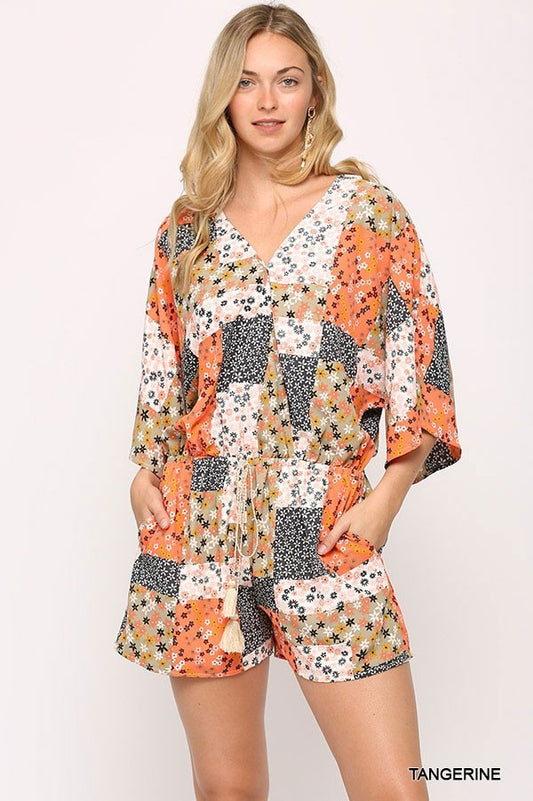 Patchwork Printed Surplice Romper With Waist Tassel Tie And Bottom Lining