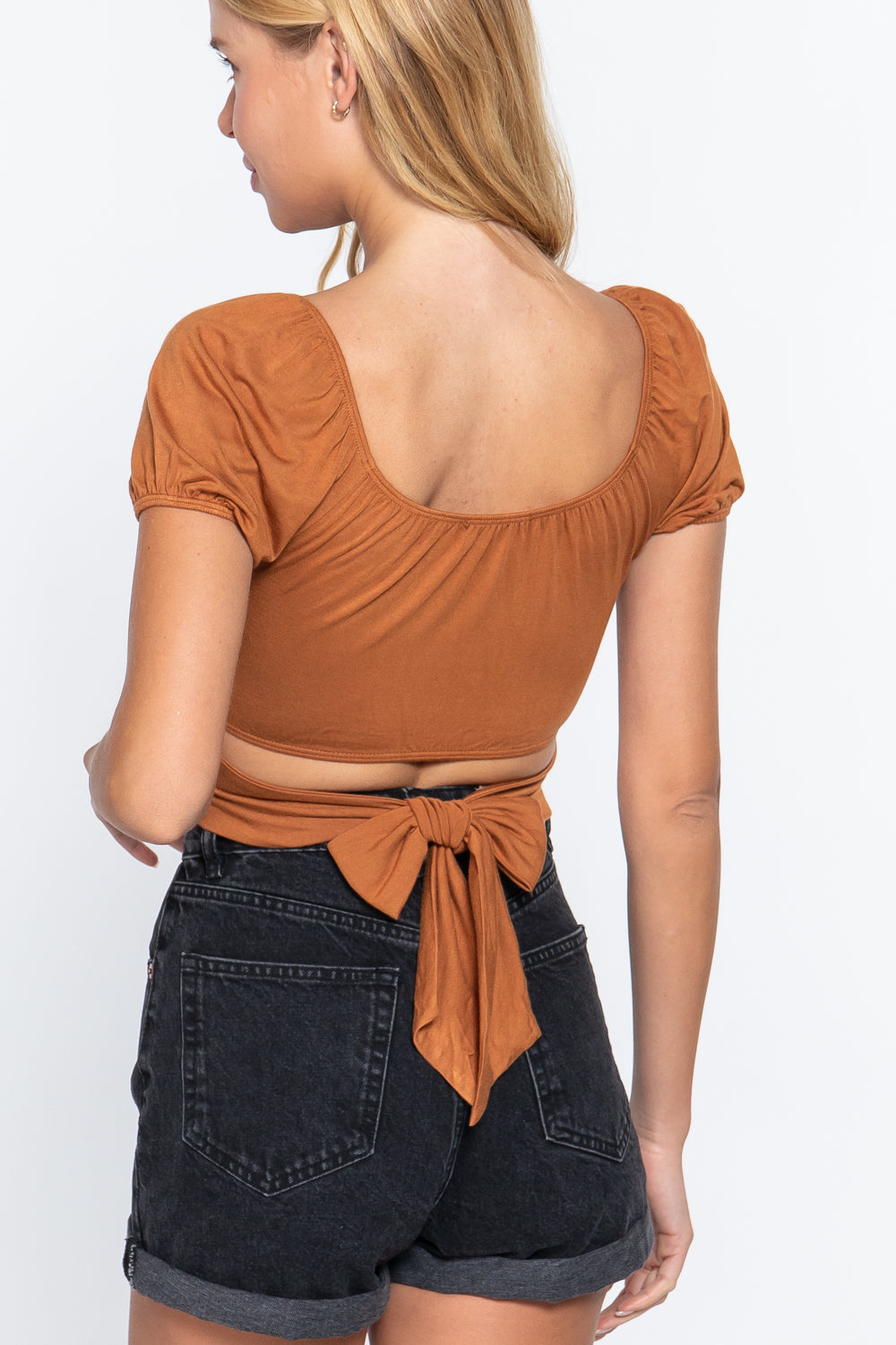 Short Slv Back Tie Crop Knit Top