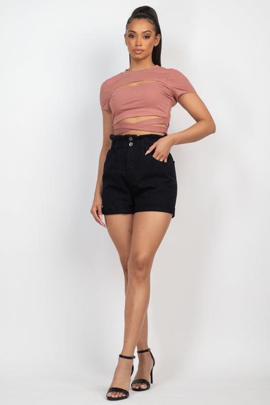 Self-tie Ribbon Front Cutout Crop Top