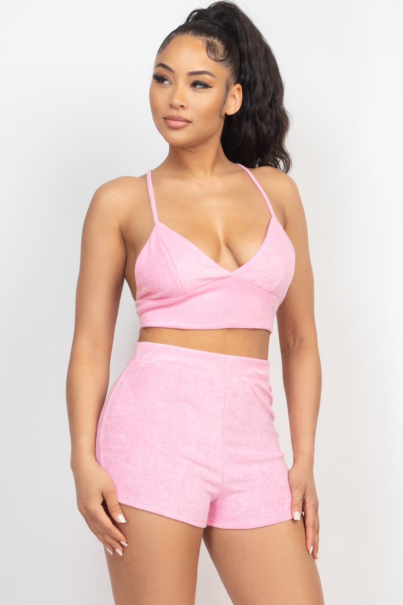 Terry Towel Bralette Top & Mini Shorts Set