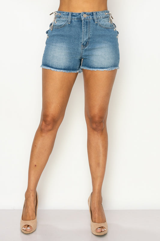 Side Lace-up Detailed Denim Shorts