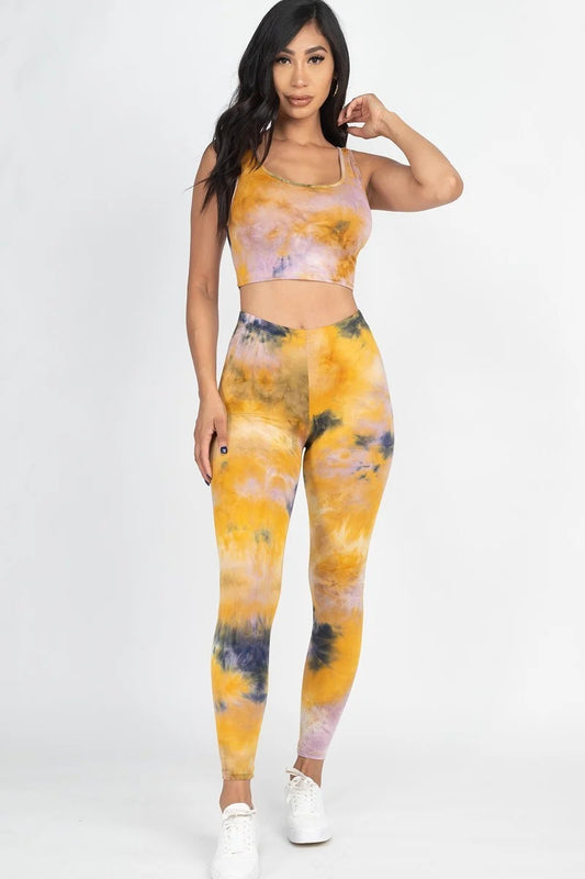 Tie Dye Crop Top And Leggings Yoga Gym Set