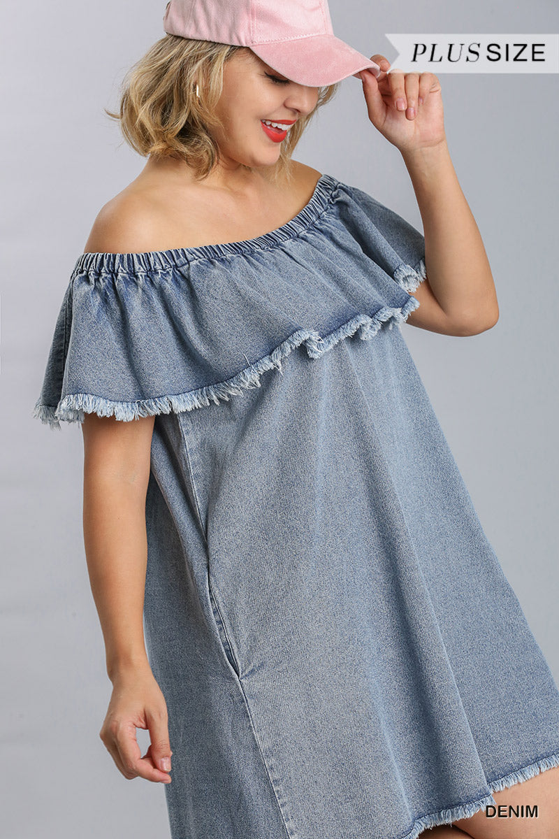 Off Shoulder Ruffled Denim Dress With Frayed Hem & Pockets