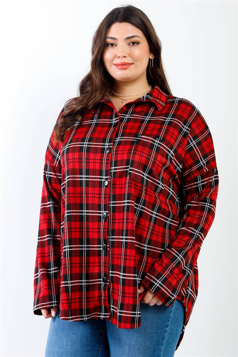 Plus Black & Red Plaid Collared Button Up Shirt Top