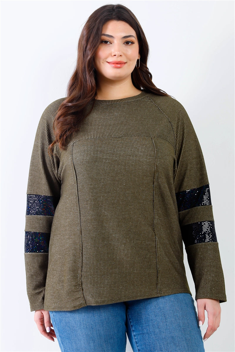 Plus Ribbed Sequin Detail Long Sleeve Top