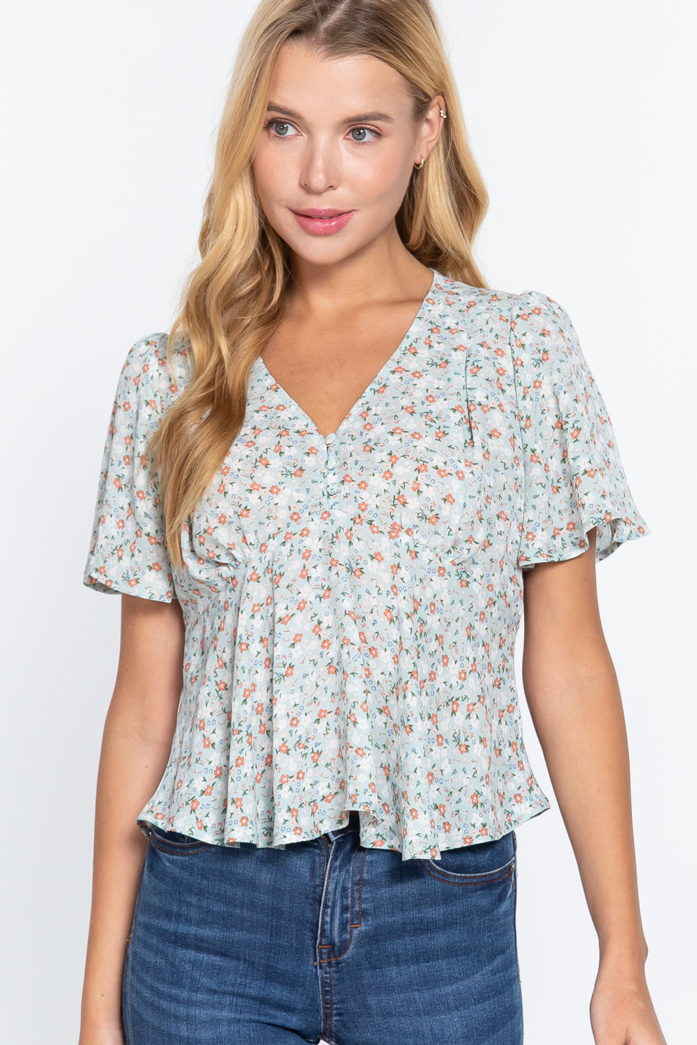 Ruffle Slv W/back Tie Print Woven Top