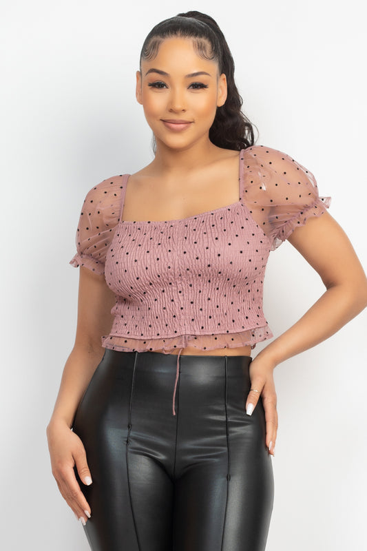 Smocking Ruched Dotted Crop Top