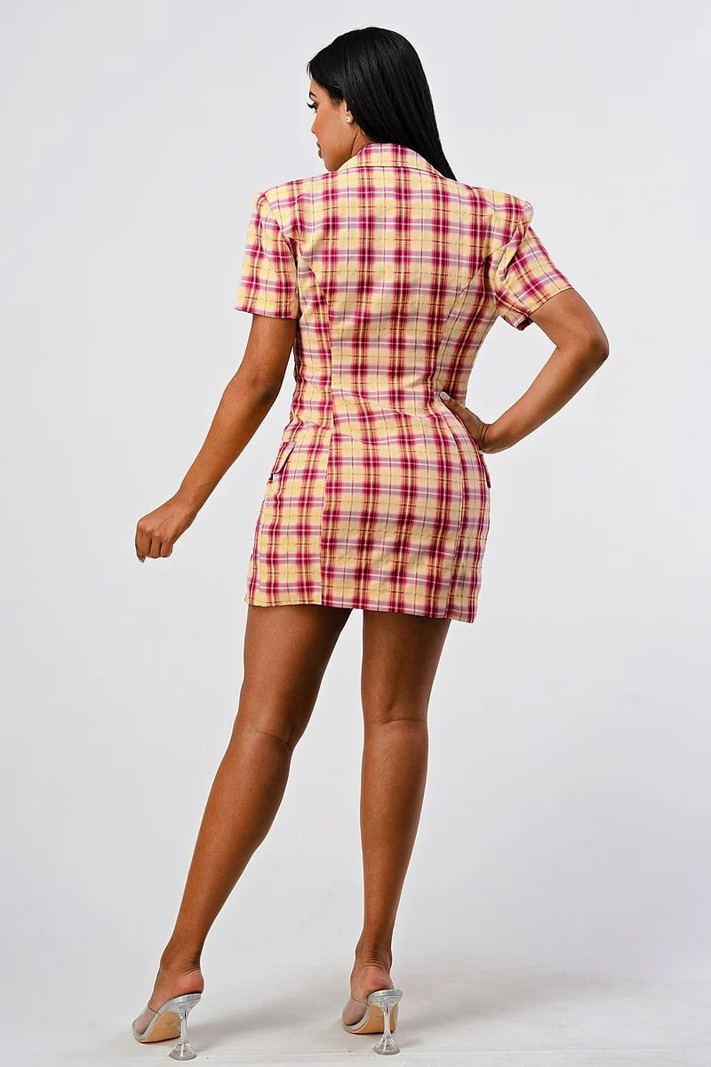 Wide Collared Double Breasted Plaid Blazer Mini Dress