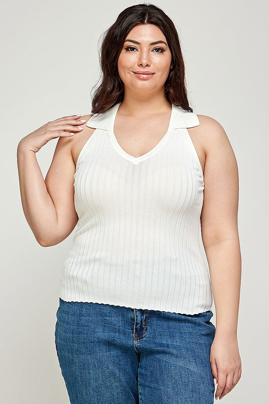 Plus Size, Solid Ribbed Knit Polo Sleeveless Top